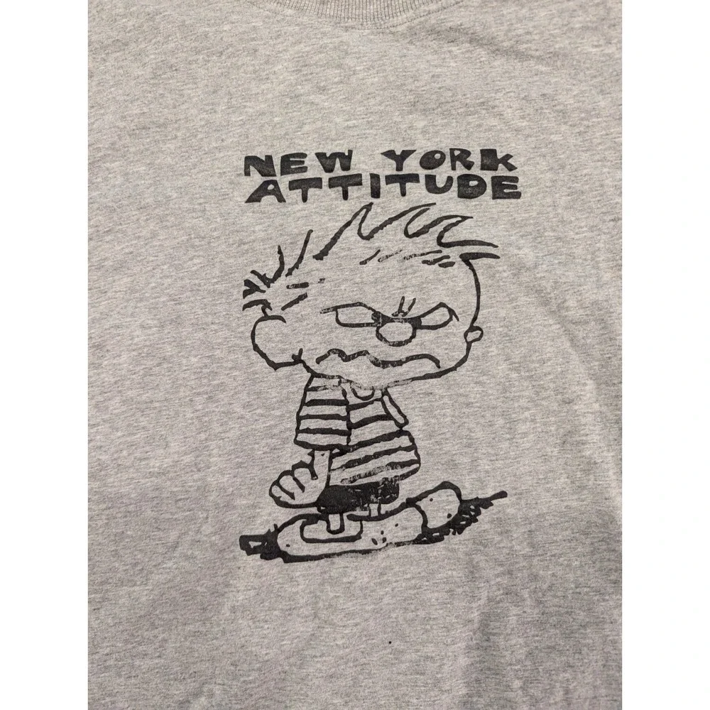 VTG‎ 90s Calvin and Hobbs New York Attitude Gray T-Shirt L Skater Grunge Cartoon
